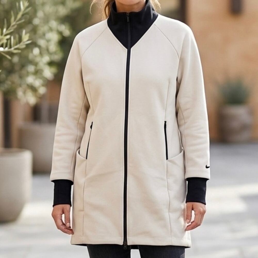 NIKE | Beige Cream Colorblock Longline Long Jacket Black Trim Zip | Size Large